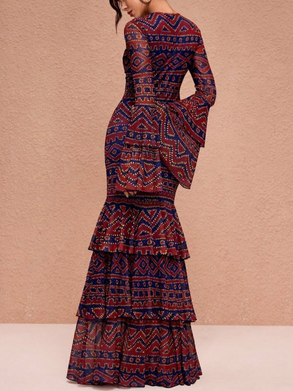 Multicolor Elegant Women's Boho Mesh Maxi Dress with Tiered Flared Sleeves - Picture 2 of 7